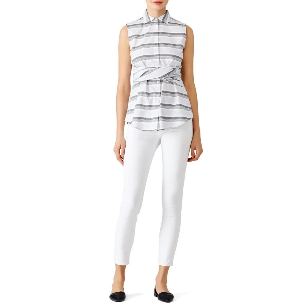DEREK LAM 10 Crosby Top‎ Size 4 Gray Striped Tie Front Cotton Button Up Blouse